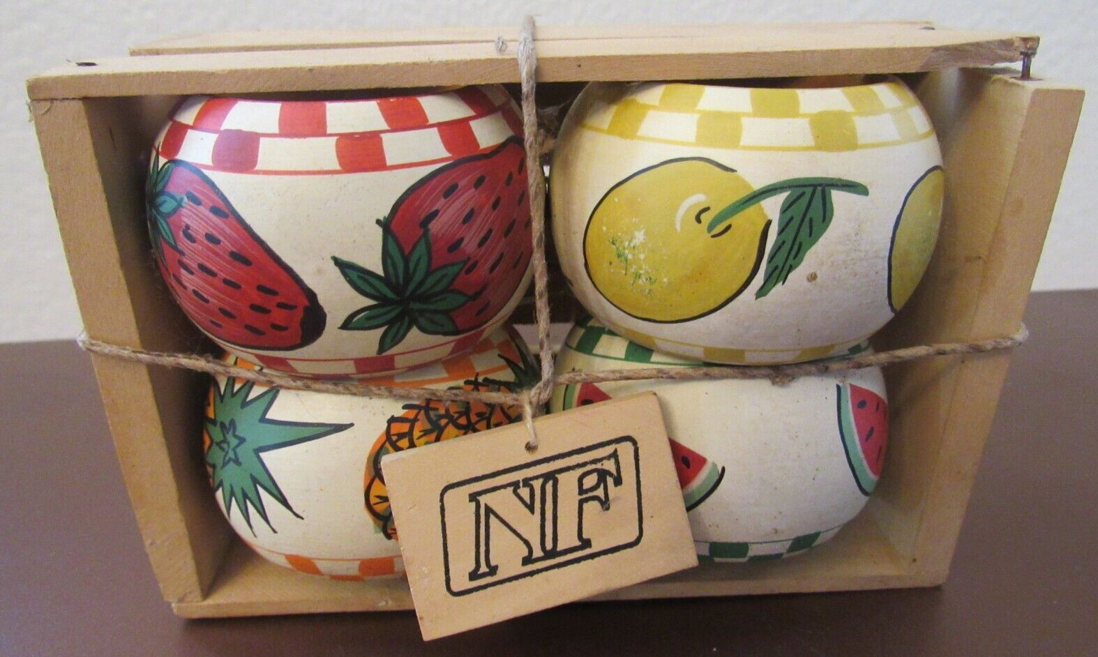 Round Wooden Hand Painted Napkin Rings set of 4 Fruit decor Portugal