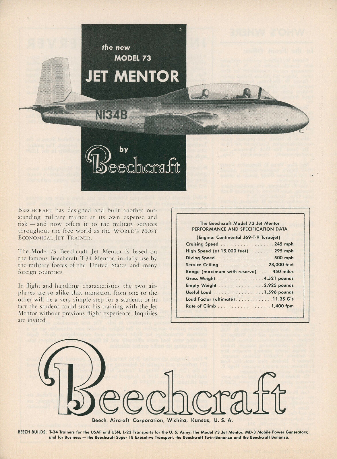 1956 Beech Aircraft Ad Beechcraft Model 73 Jet Mentor Trainer Military Airplane