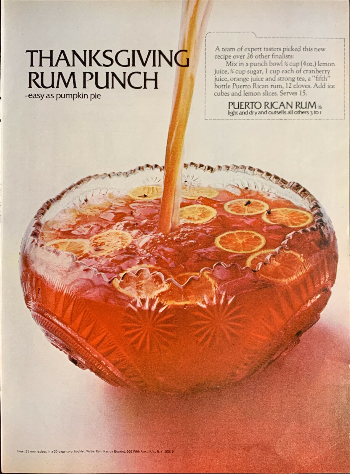 Vintage 1968 Puerto Rican Rum Thanksgiving Rum Punch Recipe Advertisement