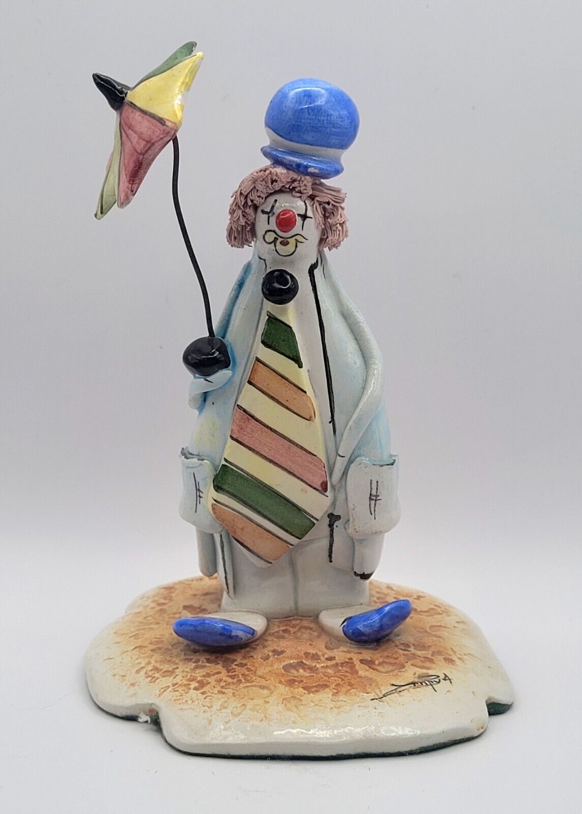 Vtg SIGNED Lino Zampiva Ceramic Clown Figurine Umbrella Spaghetti Hair ITALY