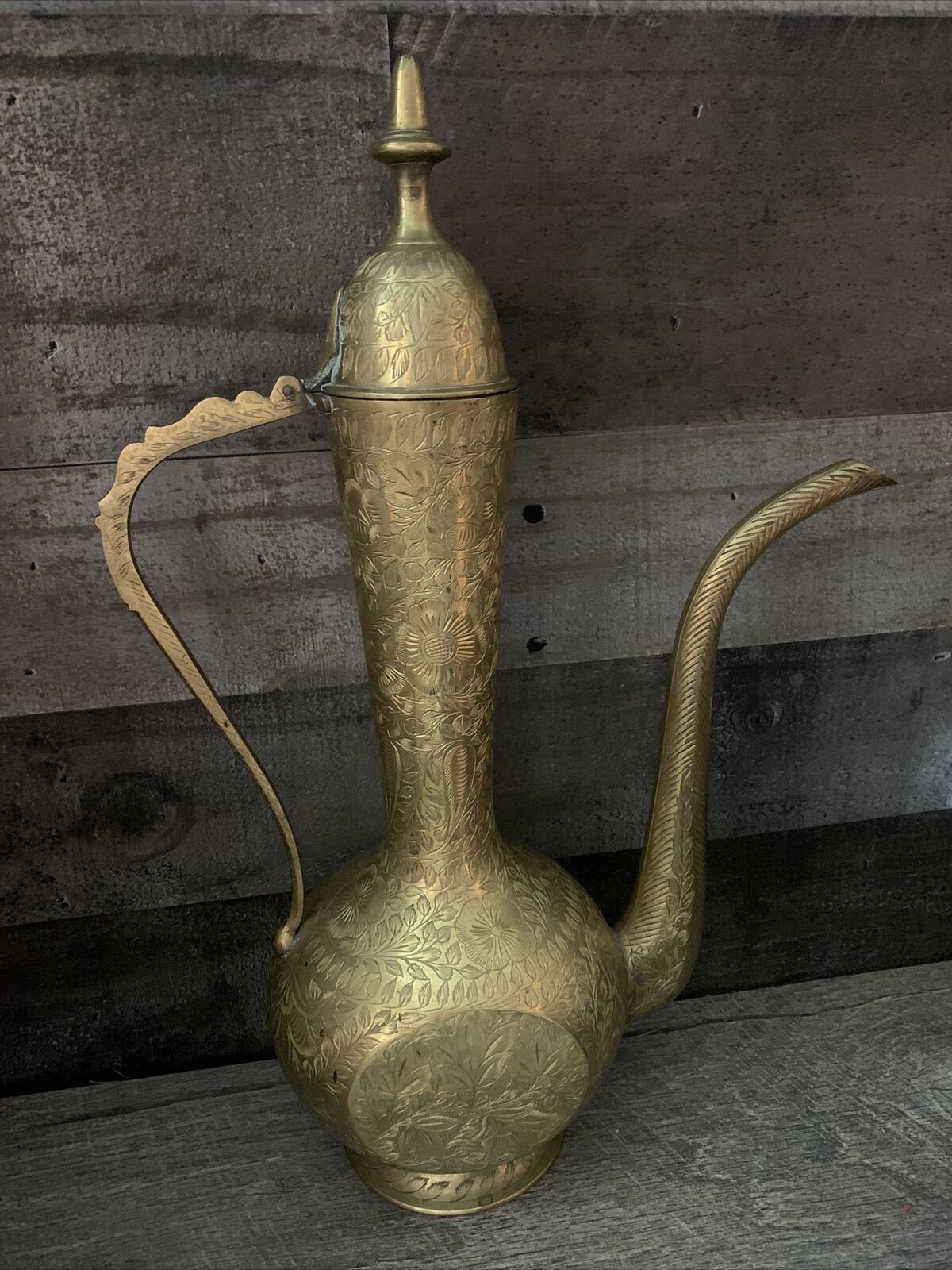 Vintage Paulus India Gold Brass Import Antique Floral Engraved Genie Bottle