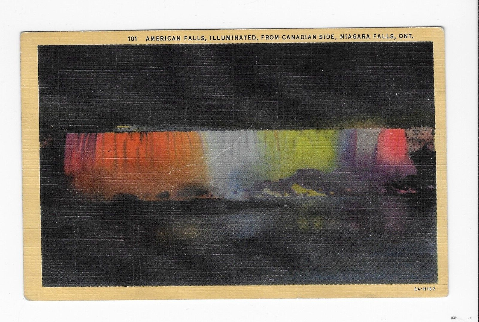 American Falls Illuminated from Canadian Side Linen yellow border VTG Postcard