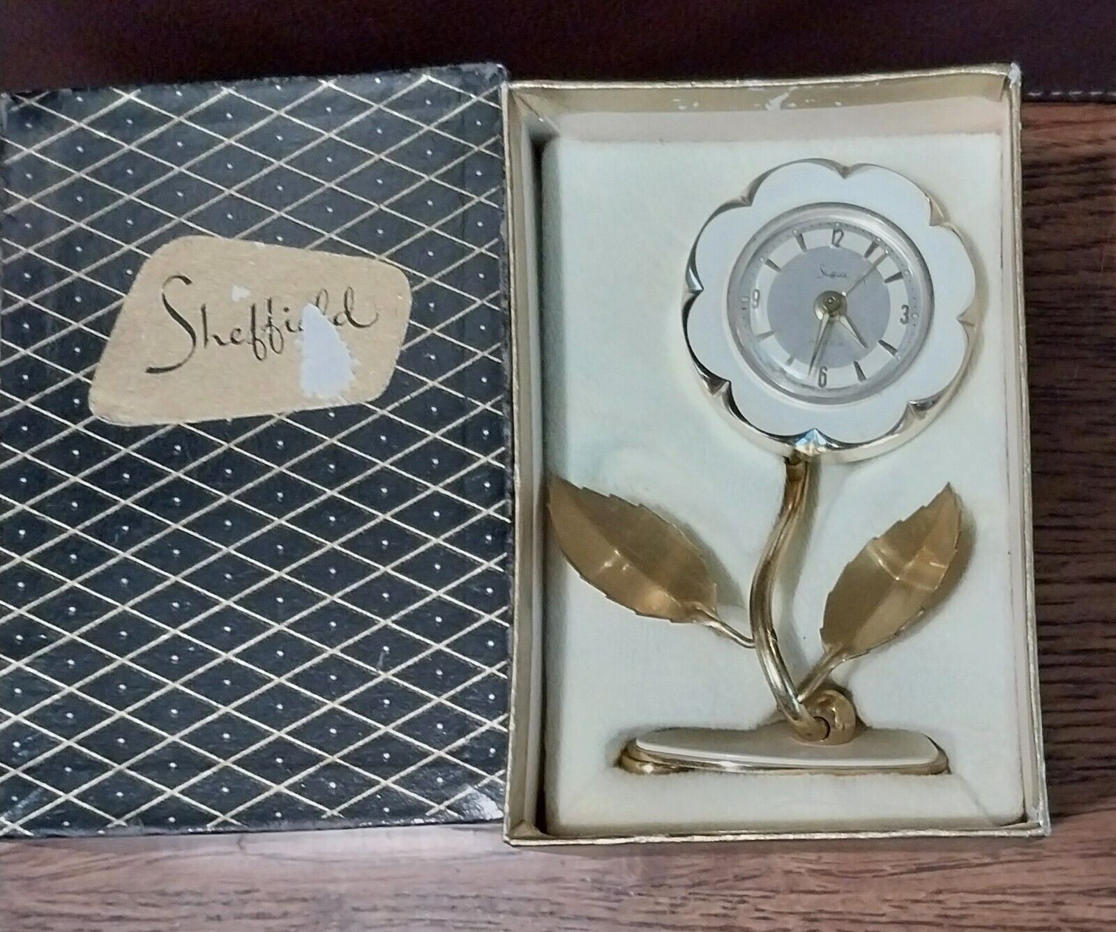 Vintage White Enamel and Brass Sheffield Flower Alarm Clock