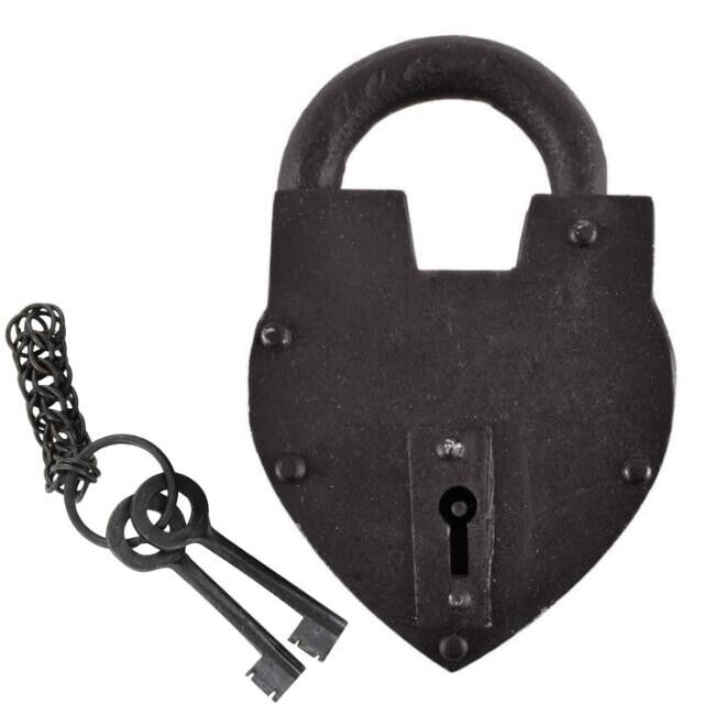 Medieval Heart Shaped Antique Padlock Replica With 2 Riveted Keys
