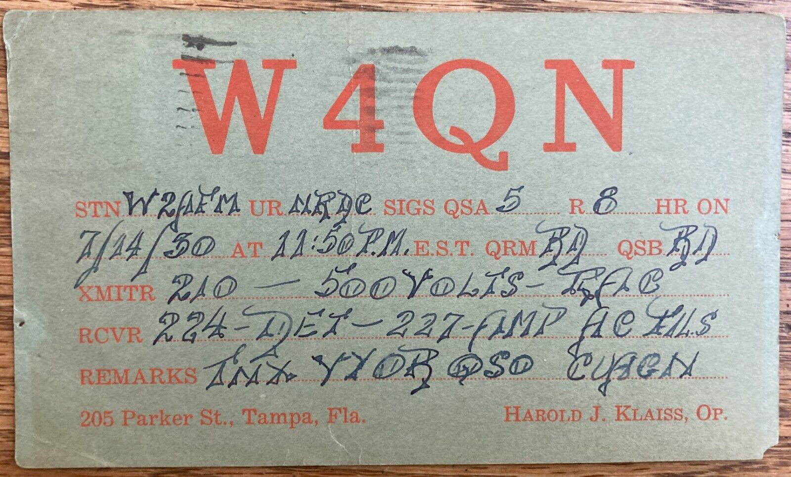 1930 -  QSL Card -Tampa Florida USA - W4QN - Harold Klaiss