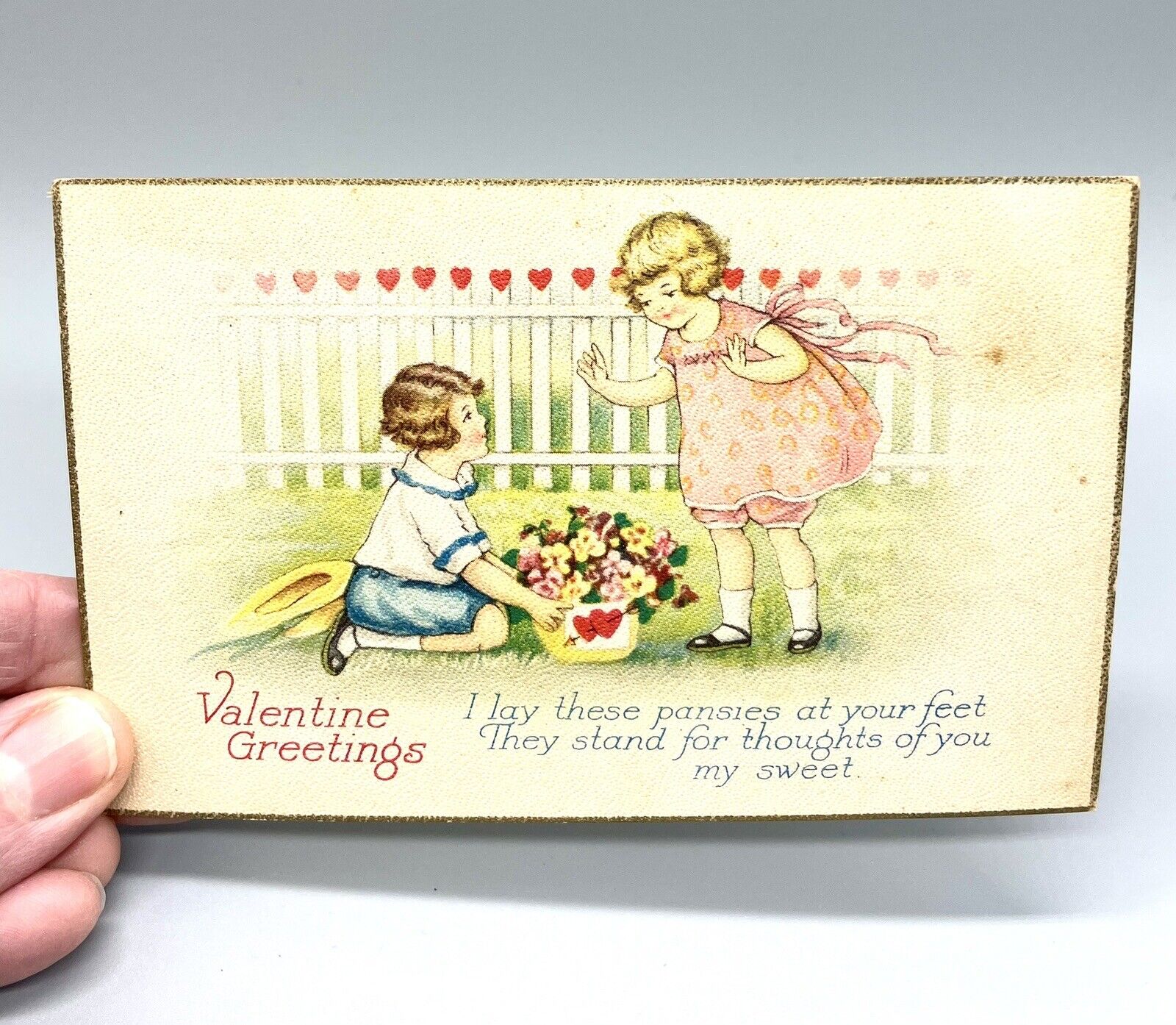 Vintage Valentine Post Card Children By Fence Pansies USA Unposted But Signed 