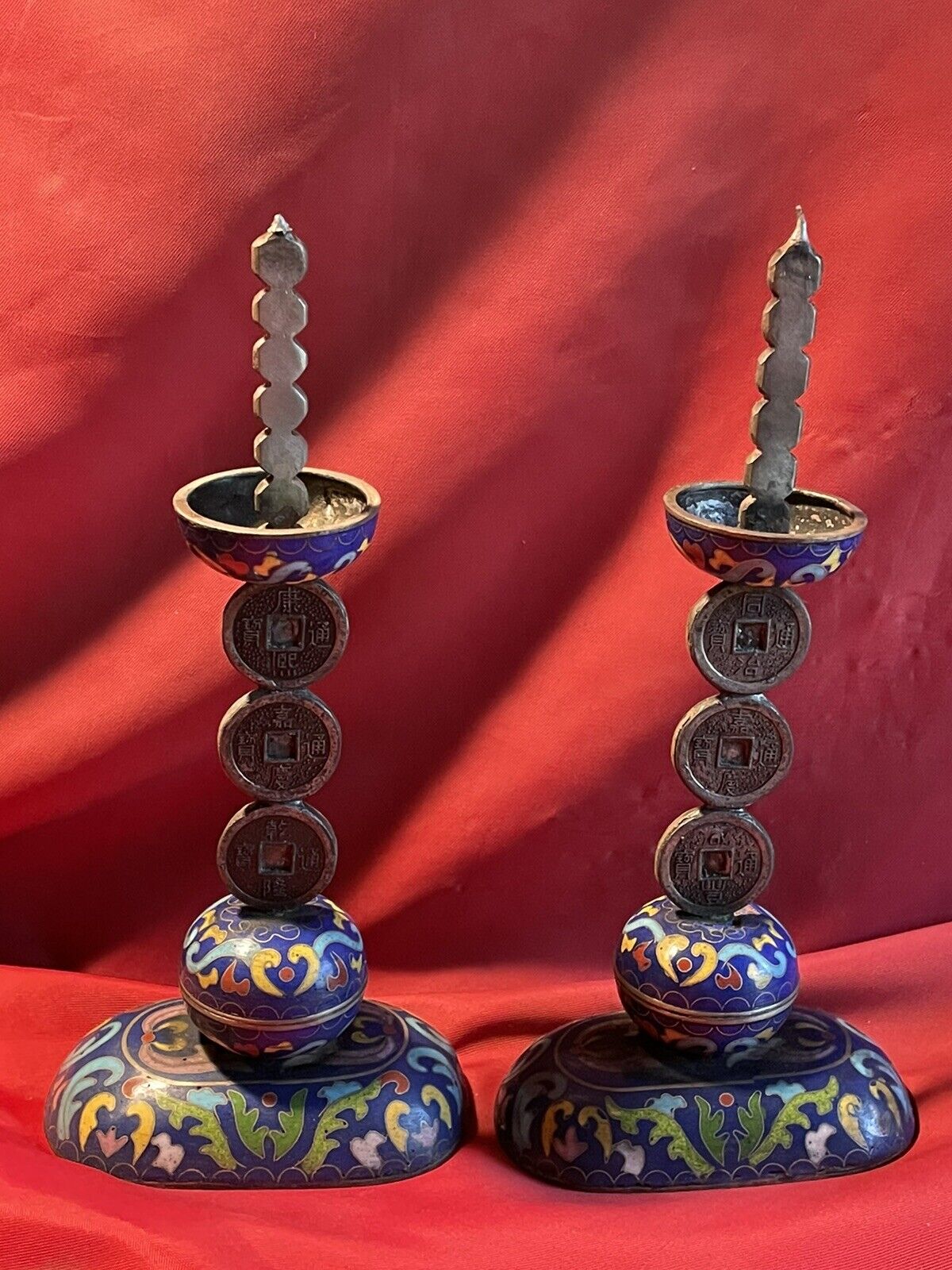 one pair of old cloissone candlestick holders vintage blue As Is