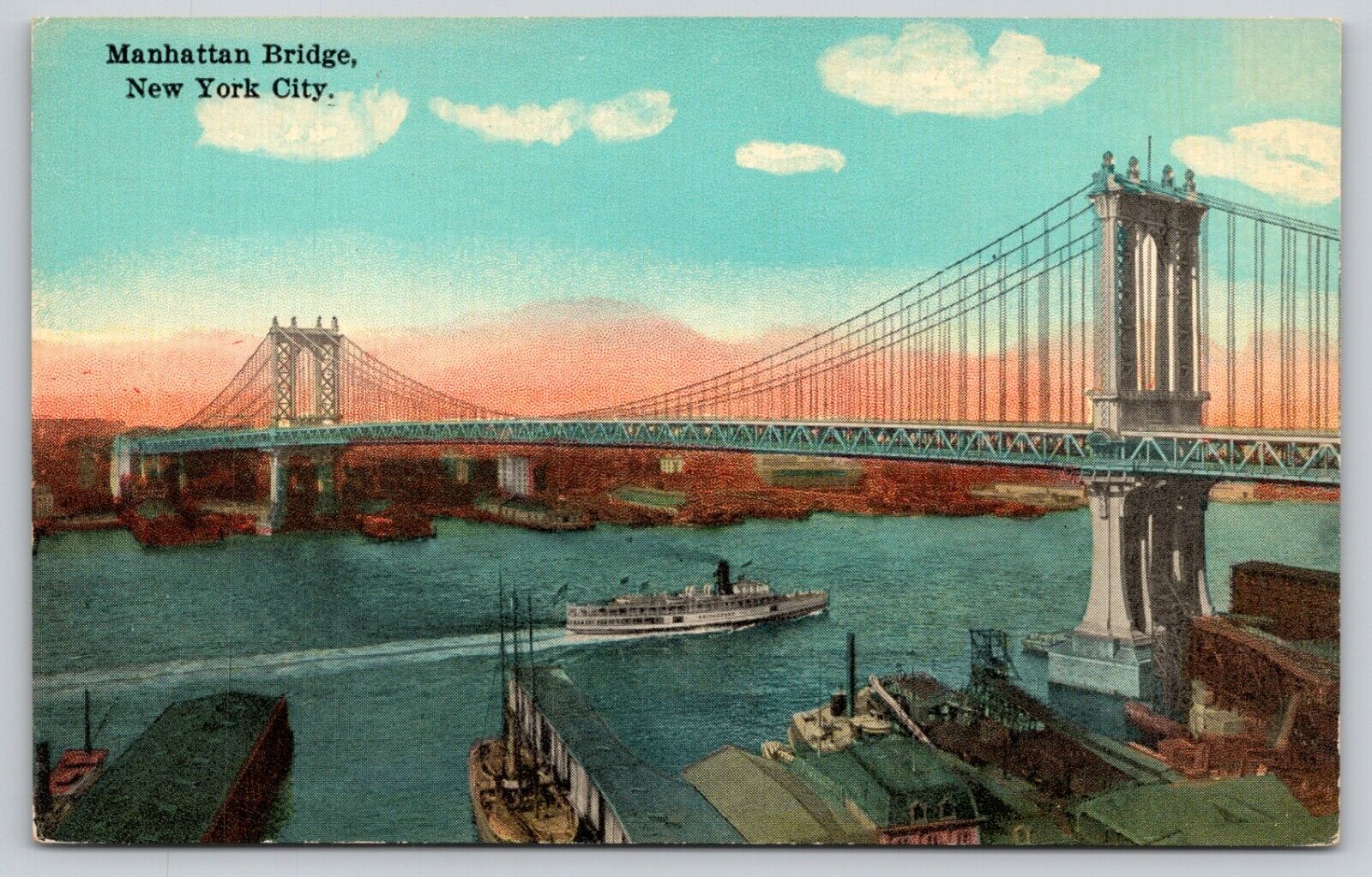 Postcard NY New York City Manhattan Bridge Passenger Ship Chrome UNP A15