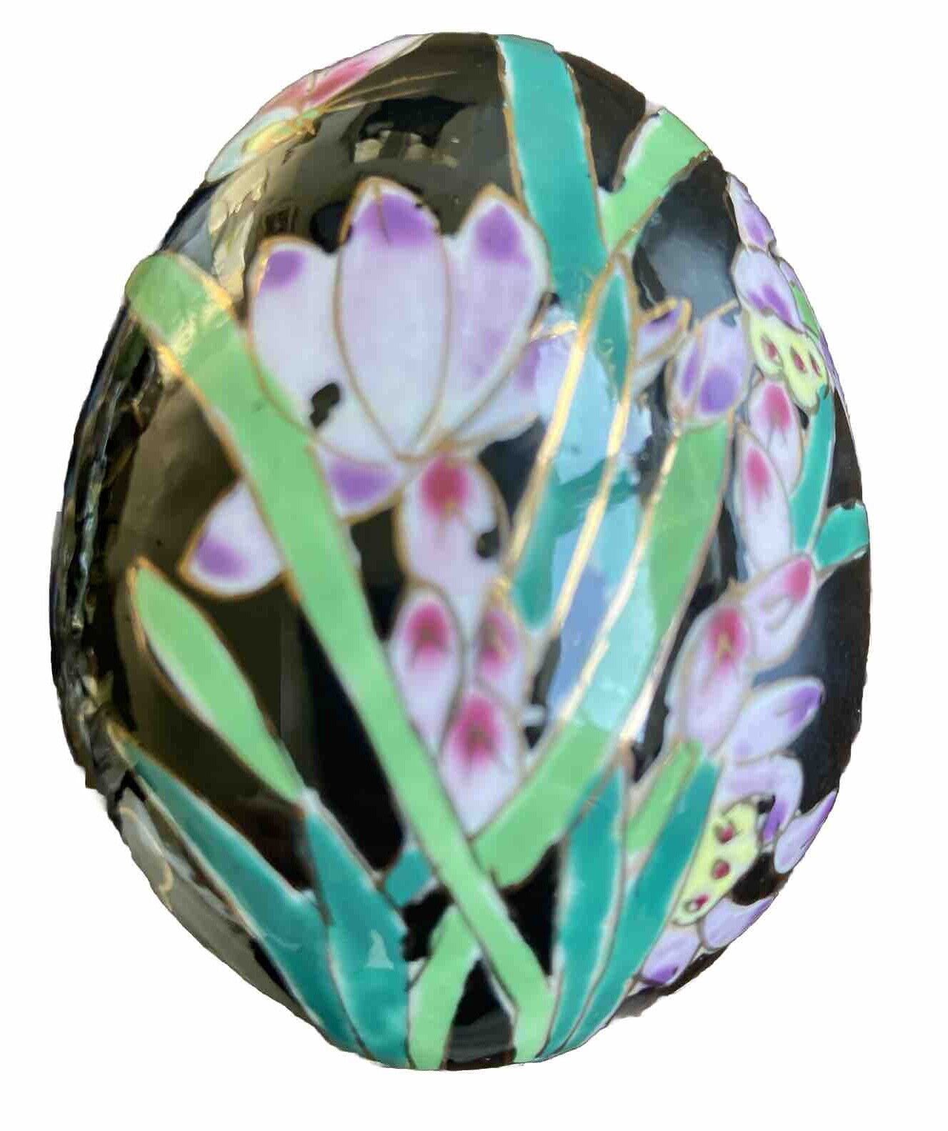 Vintage Cloisonne Enamel Black Gold Teal Mauve Decorative Egg 3.5”