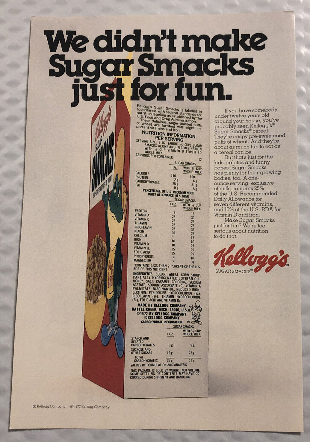 Vintage 1977 Kellogg’s Sugar Smacks Original Full Page Print Ad - Just For Fun