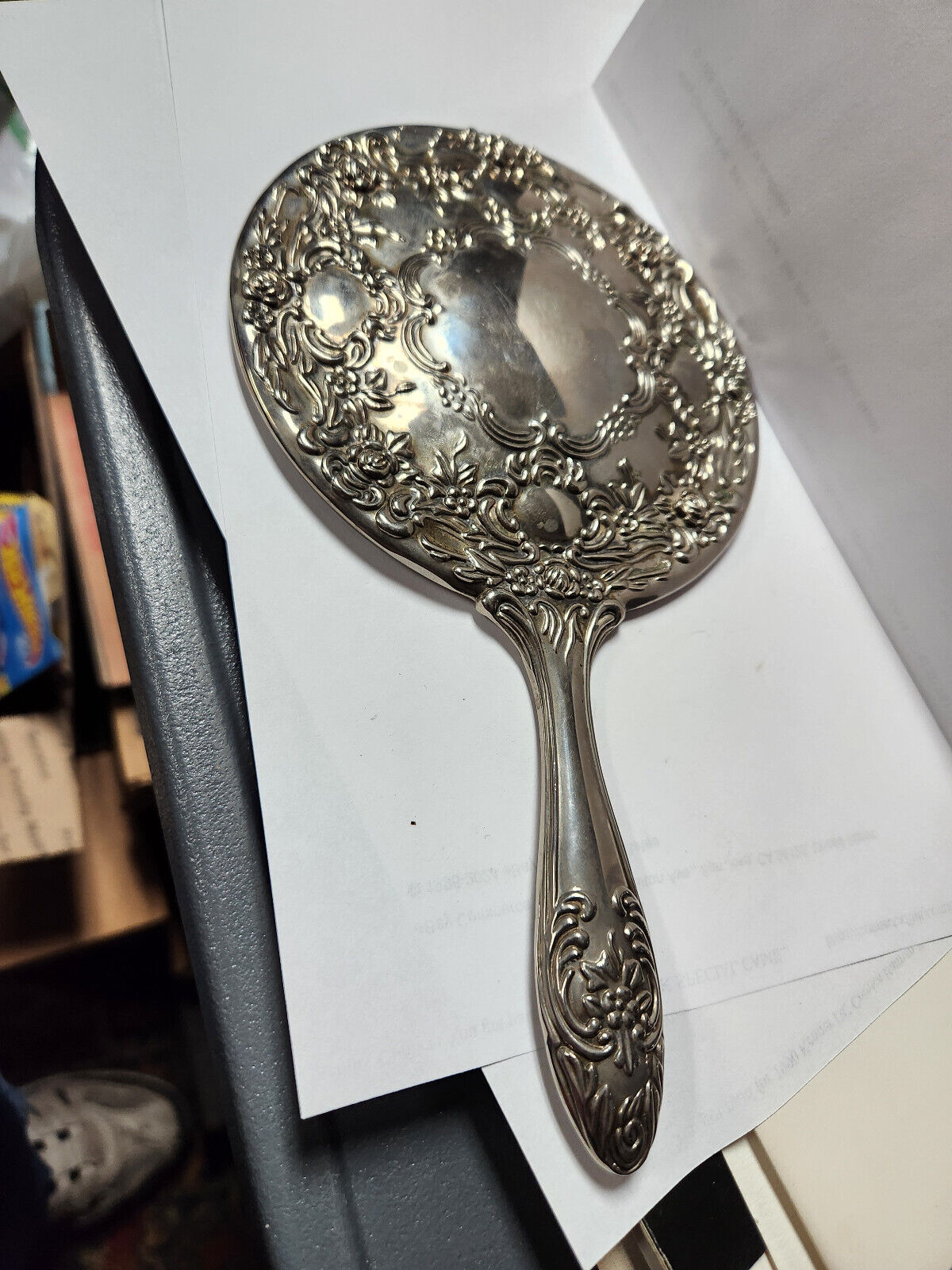 Vintage 1900\'s Hand Held Mirror Round Vanity Silver Plate Heavy Floral Ornate 