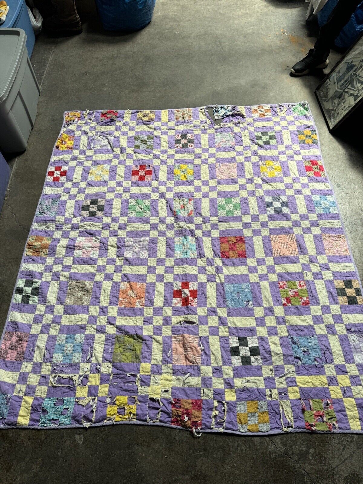 Vintage Grandmother Large Patch Work Quilt Colorful Distressed 68” X  78”