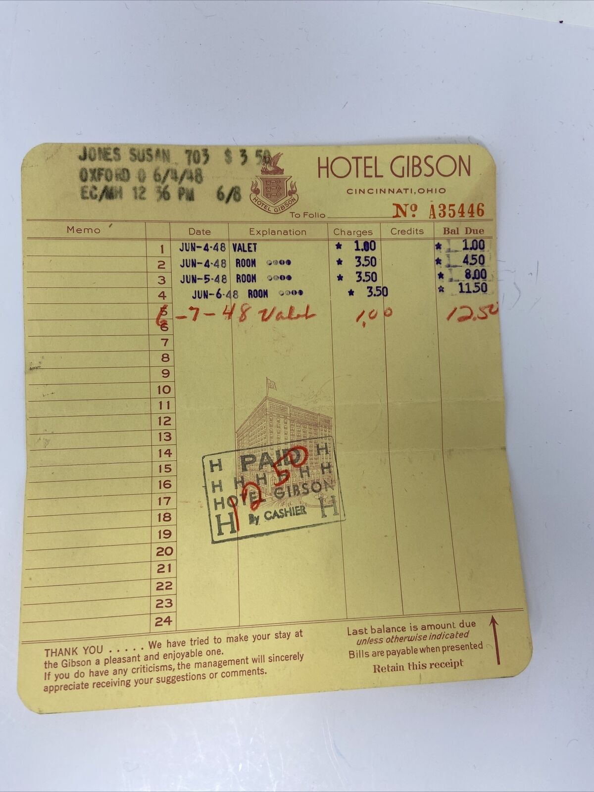 1948 Hotel Gibson Receipt Billing Bill Statement Cincinnati OH Vintage Ephemera