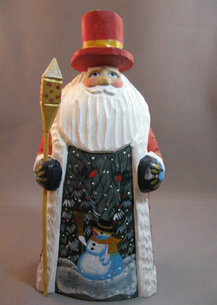 Russian hand carved painted Santa with snowman scene initialed