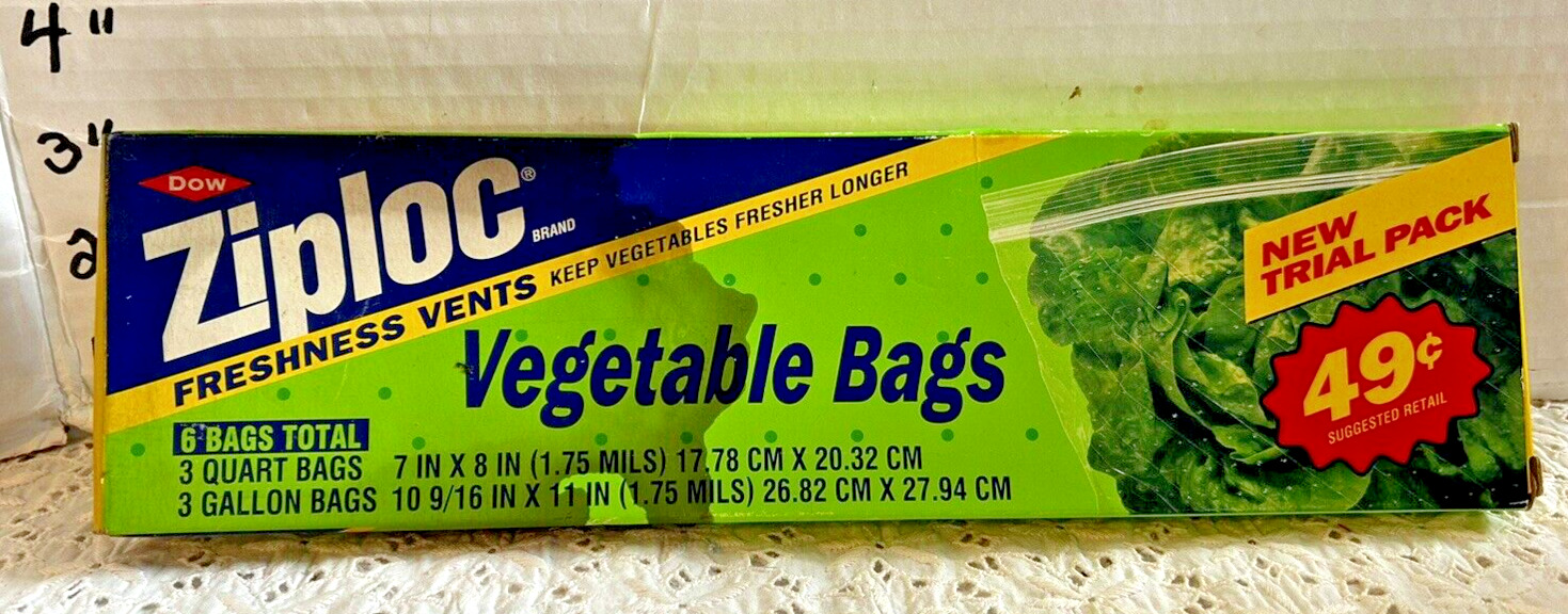 Vintage ZIPLOC Vegetable Bags ~ TRIAL SIZE ~ SEALED NOS ~ 1993 Dow 6 Bags {T}