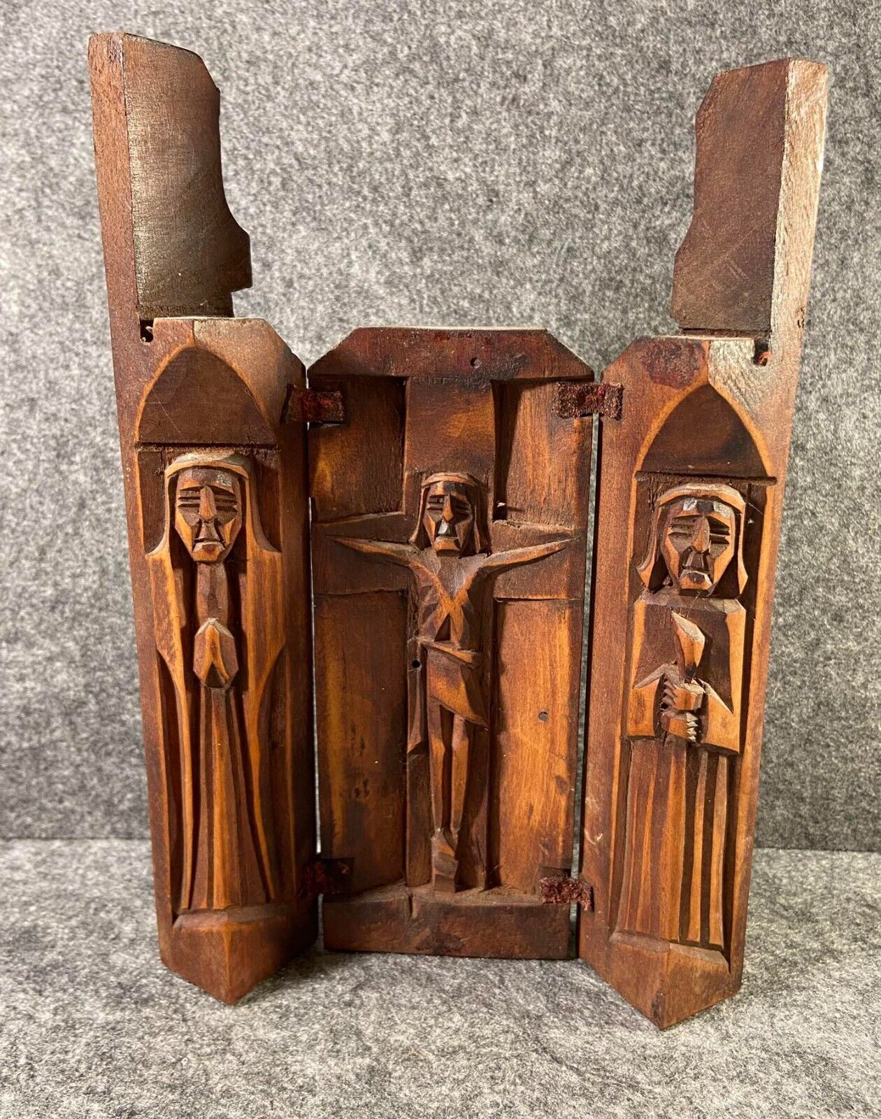 Vintage folk art wooden Triptych rare Catholic Christian Altar