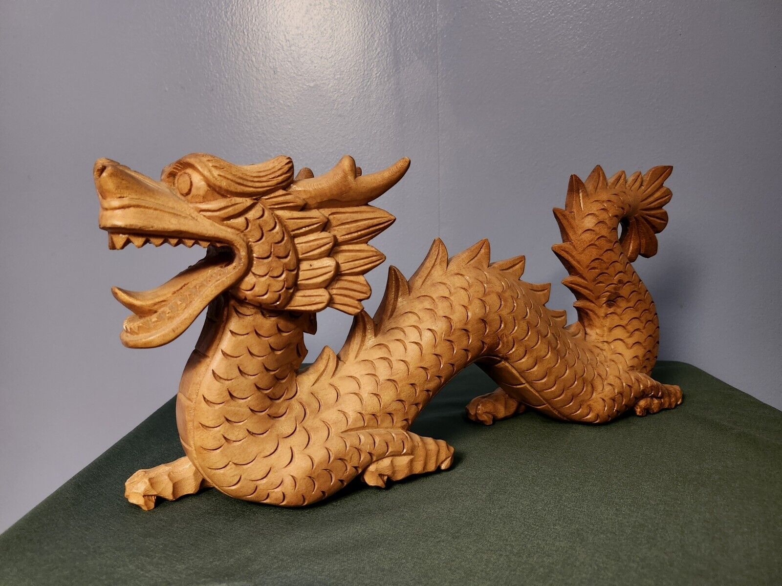 Chinese Wooden Dragon Large Statue 15 Inches Handmade
