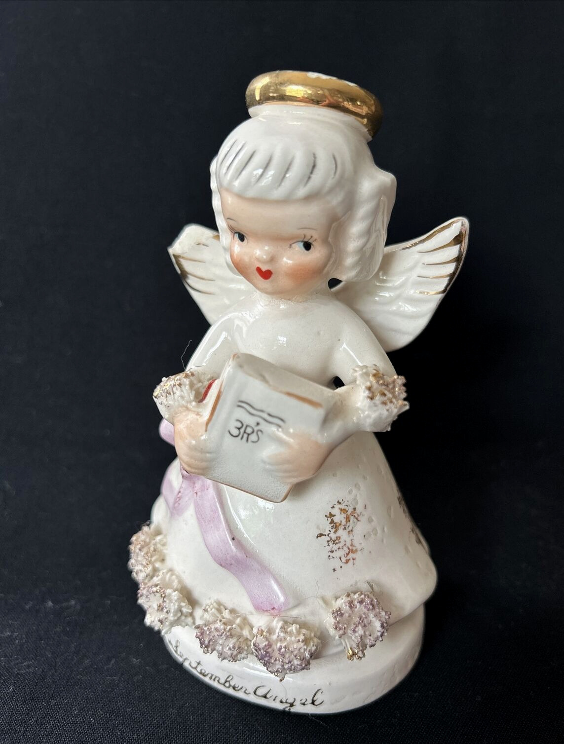 Vintage Napco September Angel Of The Month Figurine 1294 Spaghetti Trim Books