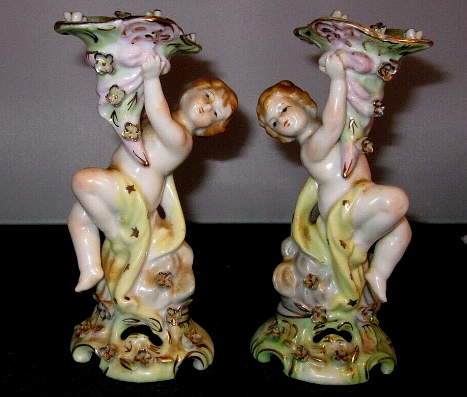 pair vntg porcelain cherub candle holders numbered 7133 gold trimmed