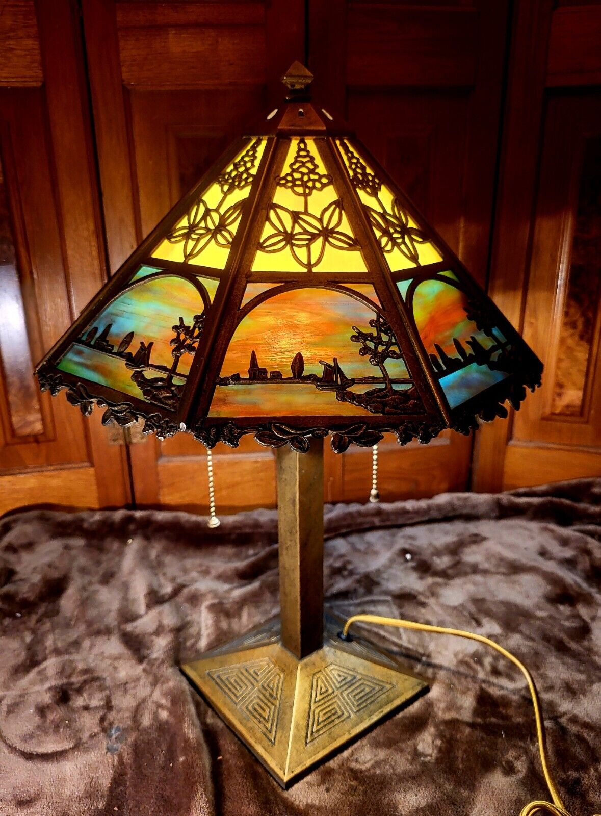 Signed Bradley and Hubbard Scenic Slag Lamp with Murano Glass