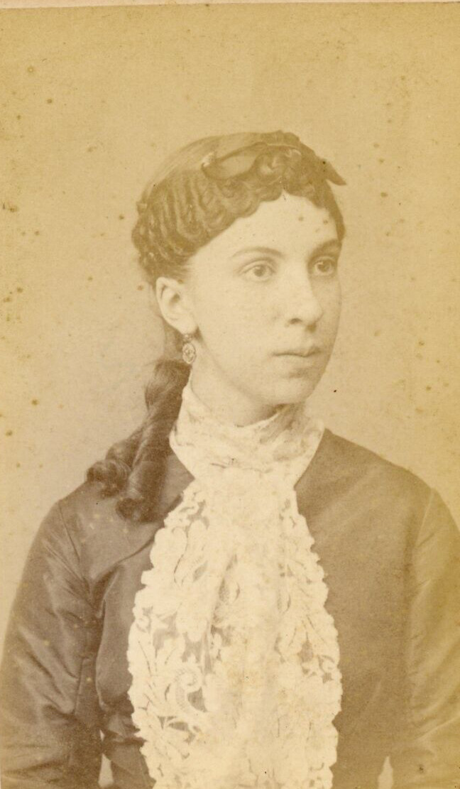 Antique Victorian Photo CDV Pretty Woman Girl Headband Ponytail Ruffled Shirt