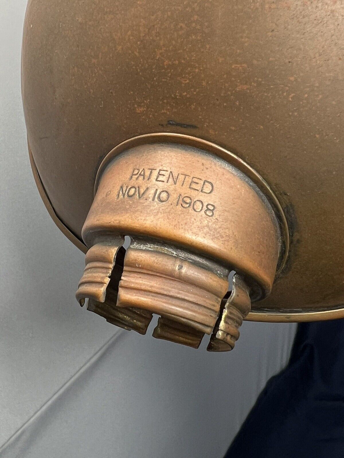 ANTIQUE BRASS METAL LAMP SHADE Dated NOV 10 1908 PARABOLIC OC WHITE FARIES era
