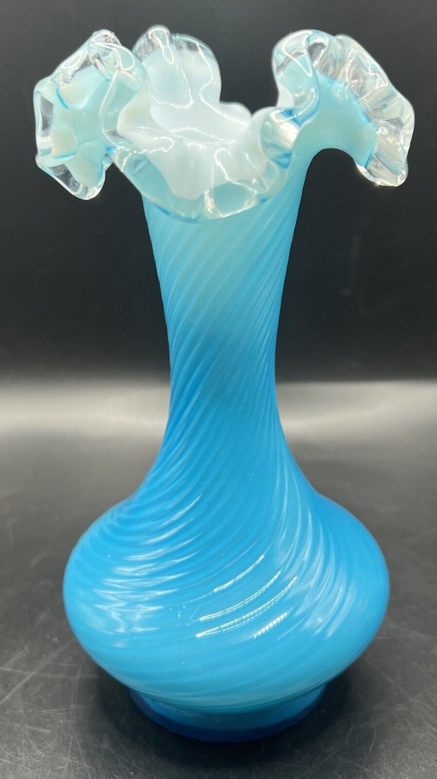 Fenton 1930s Blue Vase Impressed Spiral Design Ruffle Top Hand Blown