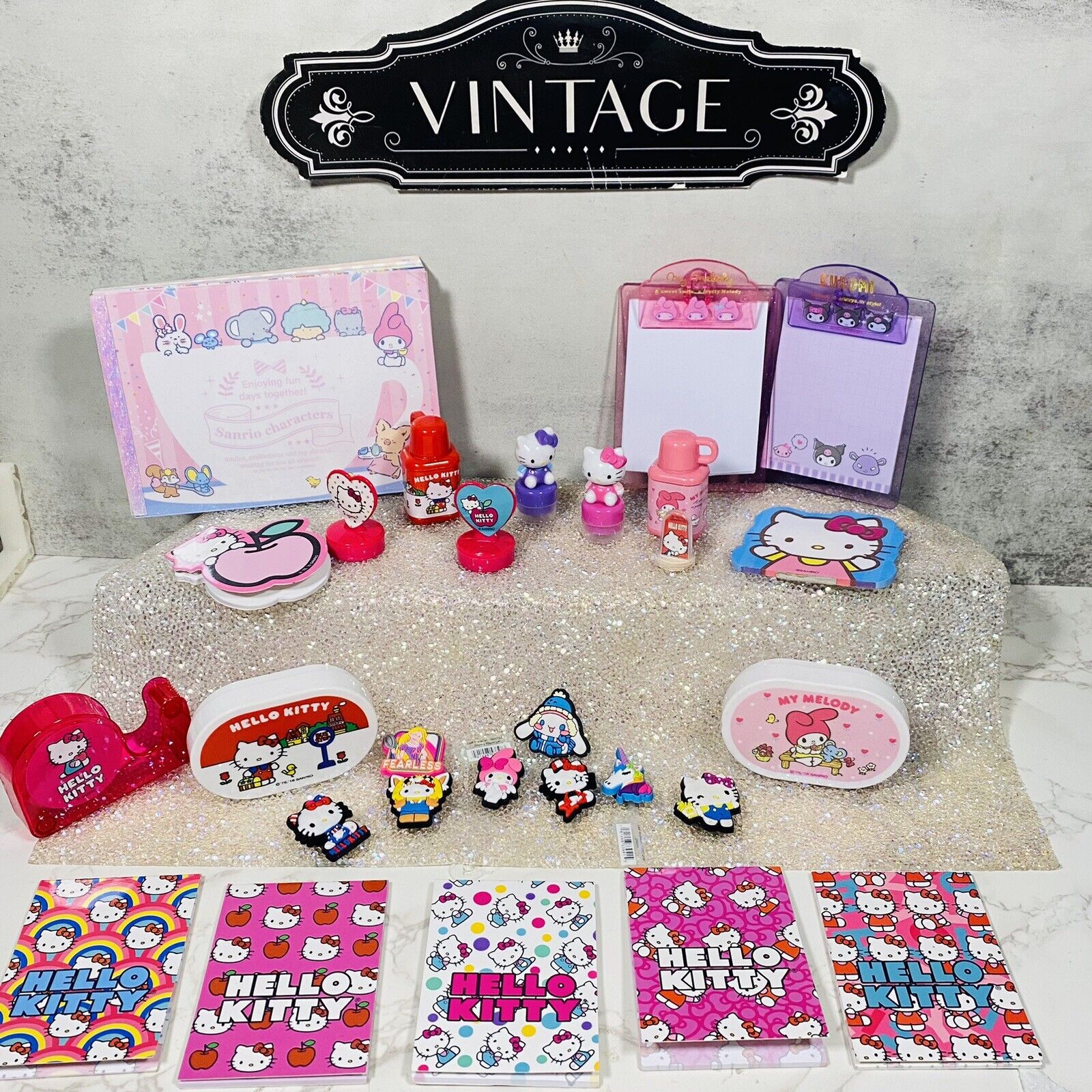 VTG 1990s-00s Sanrio Hello Kitty Mixed Lot Of Notebooks, Croc Charms, Ink Stamps