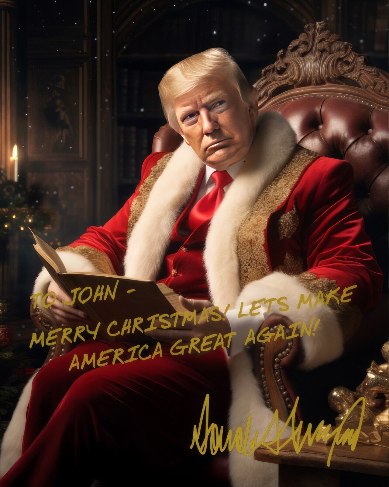 PRESIDENT DONALD TRUMP MERRY CHRISTMAS PERSONALIZED MESSAGE 8X10 AI PHOTO