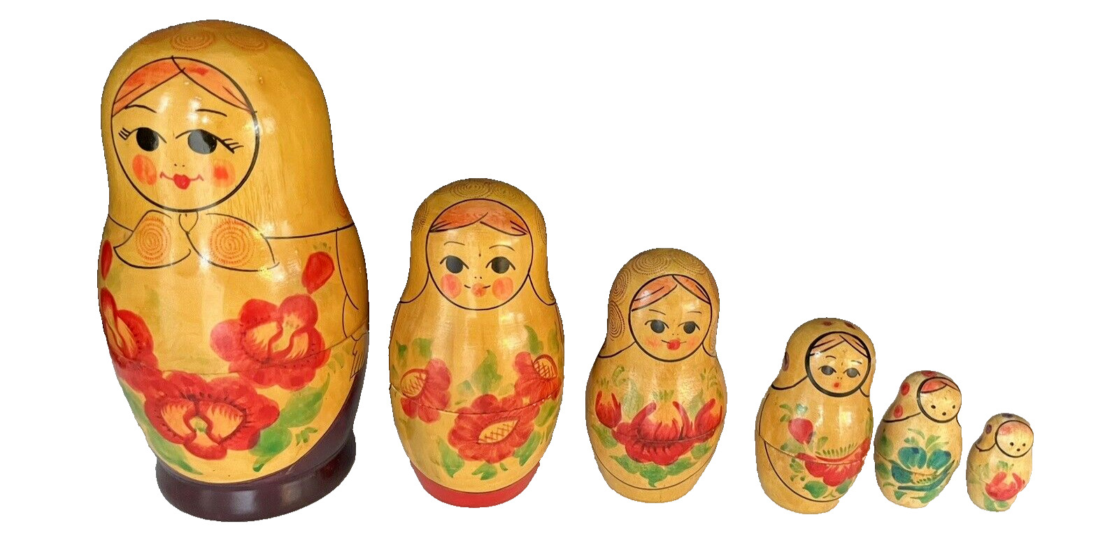 Vintage Russian NESTING DOLLS 6 piece set Hand Painted With Marking & Numbers