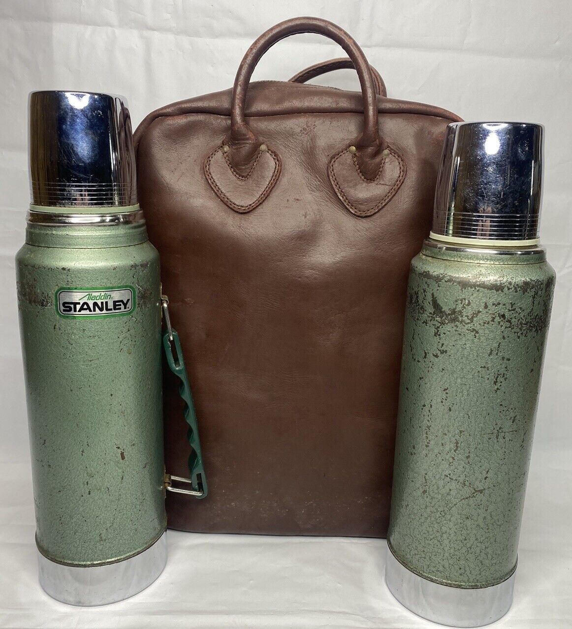Vtg LL Bean Brown Leather Tote Bag Set W/ 2 Aladdin Stanley Vacuum Bottles *READ