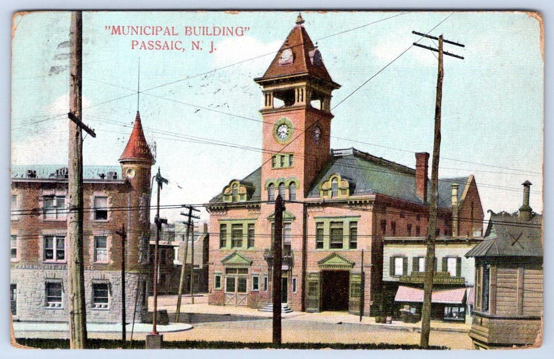 1906 PASSAIC NEW JERSEY*NJ*MUNICIPAL BUILDING STREET SCENE ANTIQUE POSTCARD