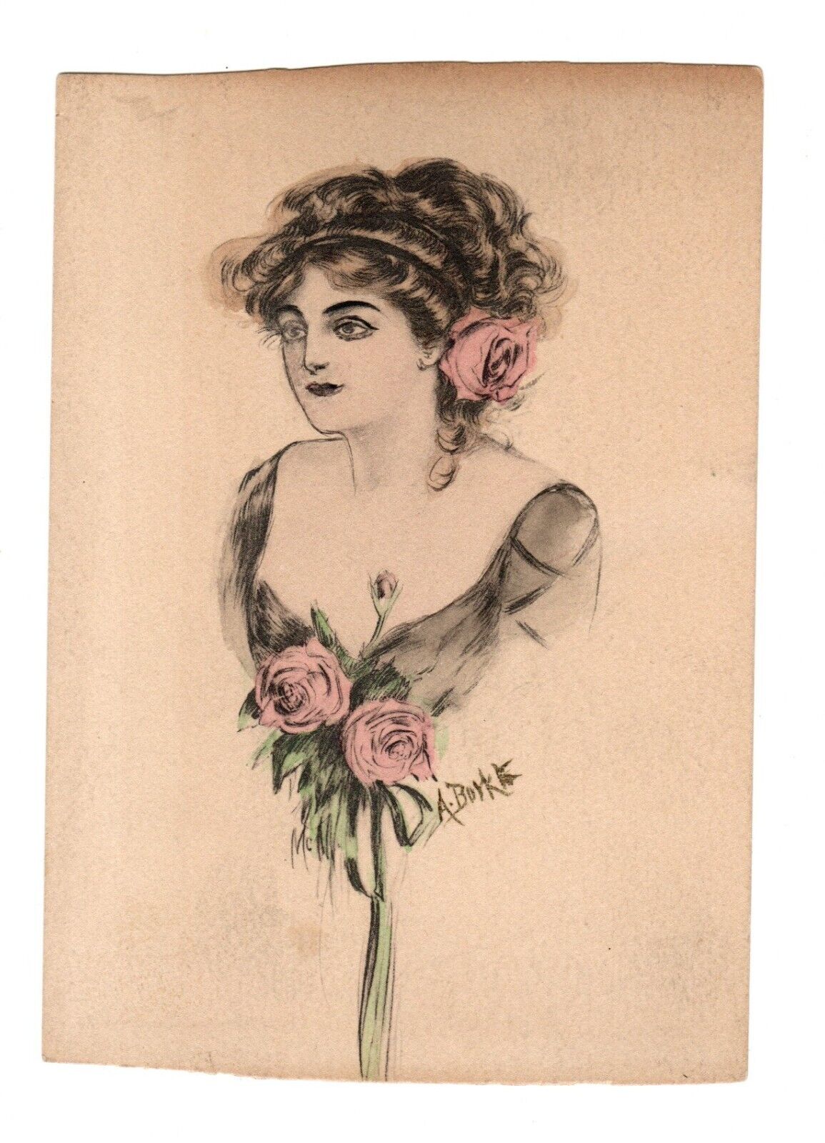 Hand Drawn & Colored Beautiful Woman Roses Signed By A. Borke Artist Postcard