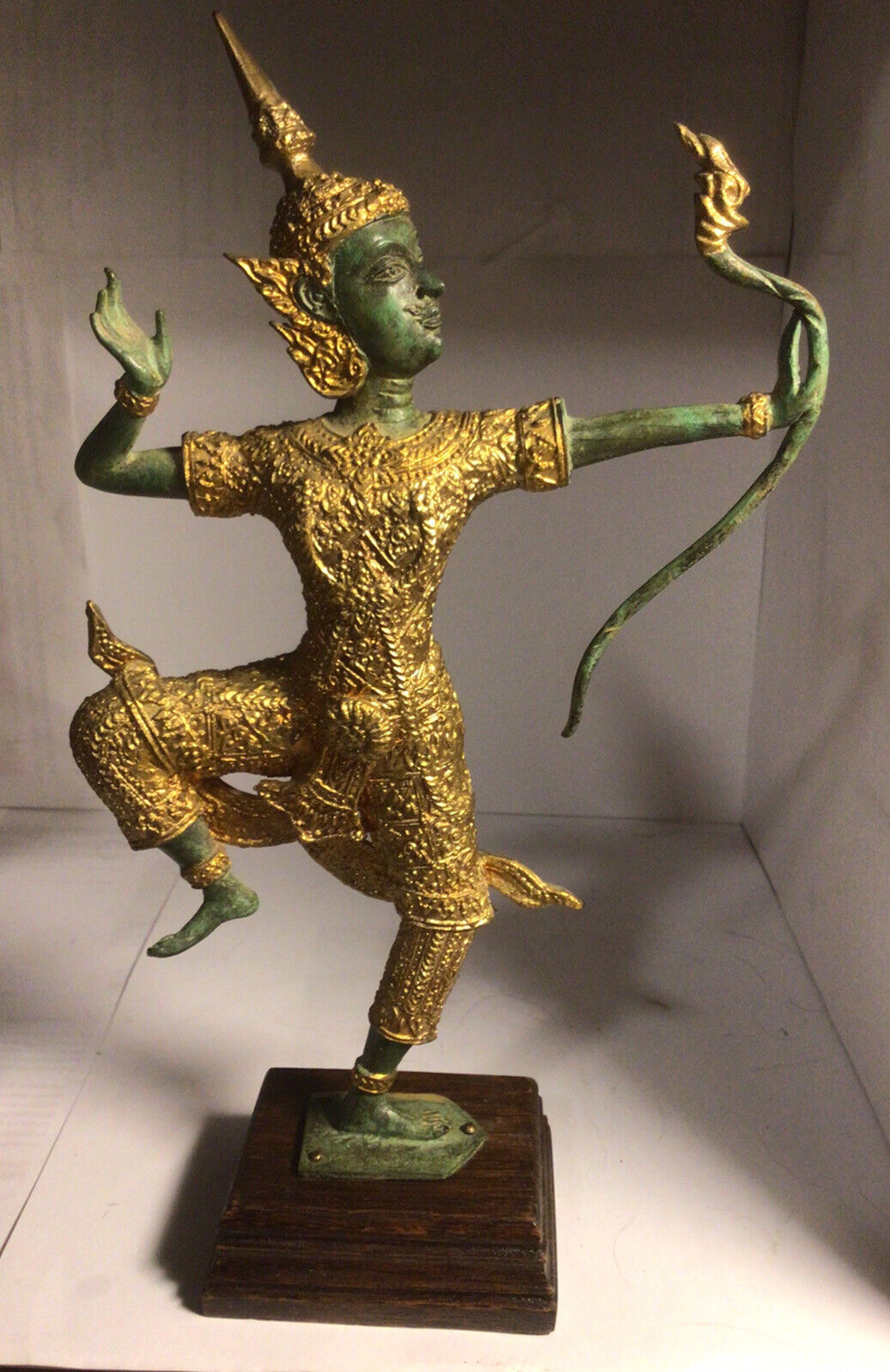 vintage Thai Bali Metal gilt verdigris dancing archer sculpture 9” on wood base