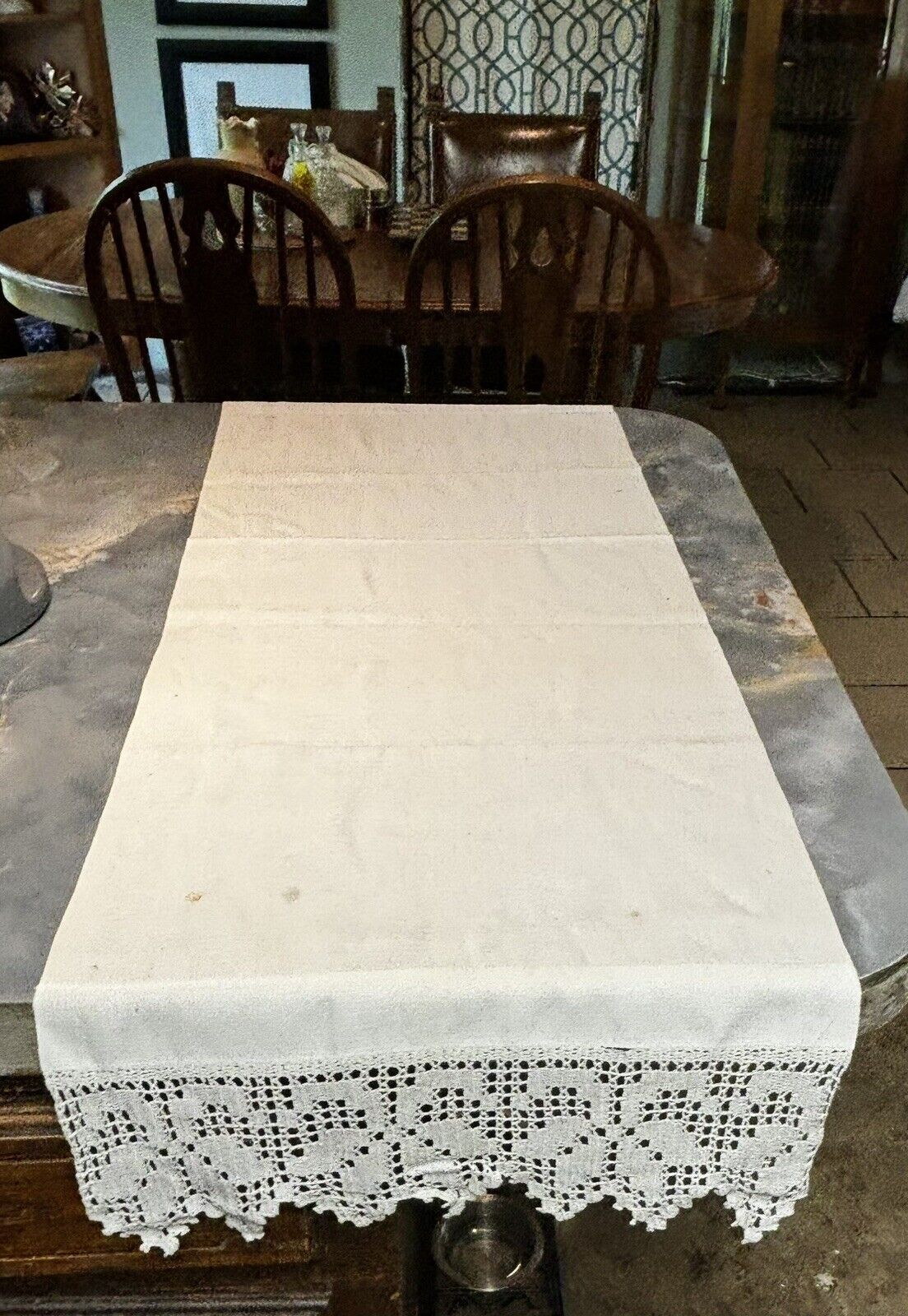 Vintage Table Runner White With  Embroidered Design With 16.5 X 59”