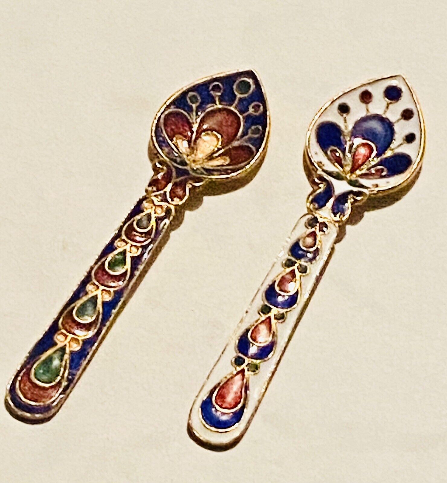 VTG Lovely Set Of 2 Enamel Cloisonné Over Copper W/Orig Tags Small Spoons