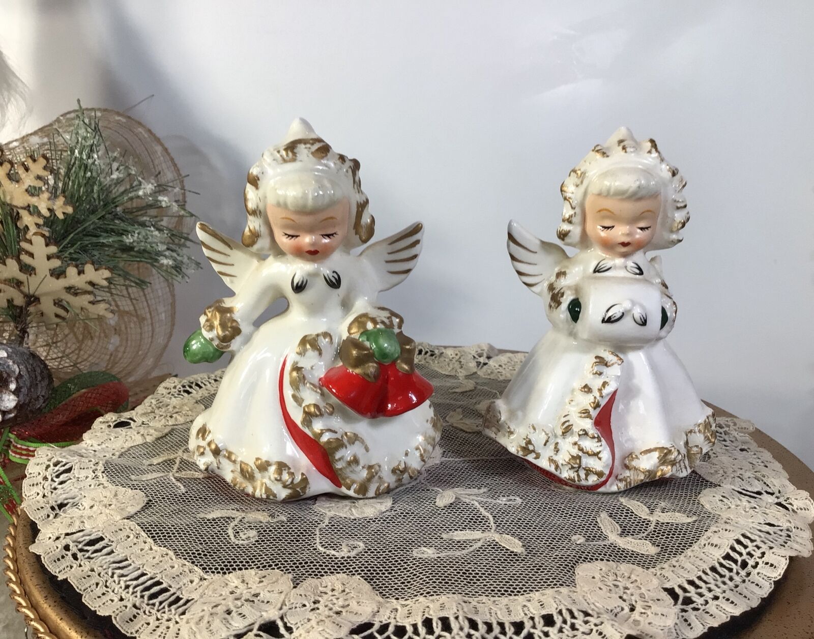 Vintage HOLT HOWARD 1963 Christmas Kitschy Angels Candle Holder Figurines~ (2)
