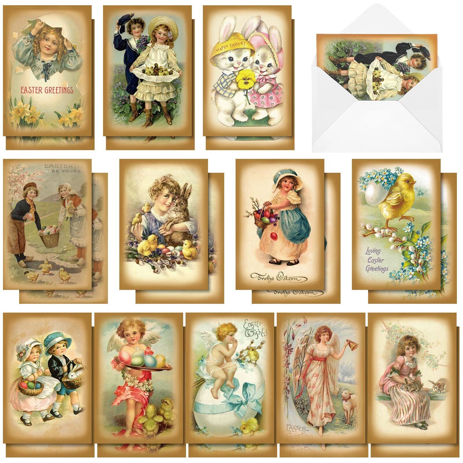 Vintage Easter Cards, 24 Pieces with Envelopes, Retro Style, Suitable for Bir...