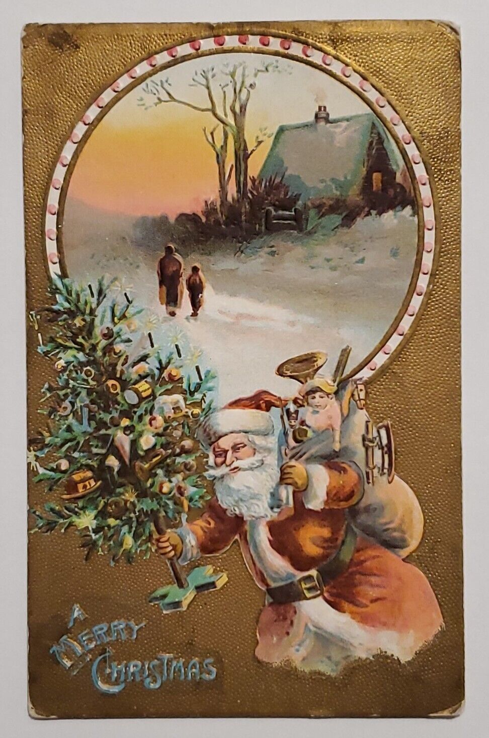 1911 Christmas Postcard - Santa Claus with Tree & a Bag Full of Toys 
