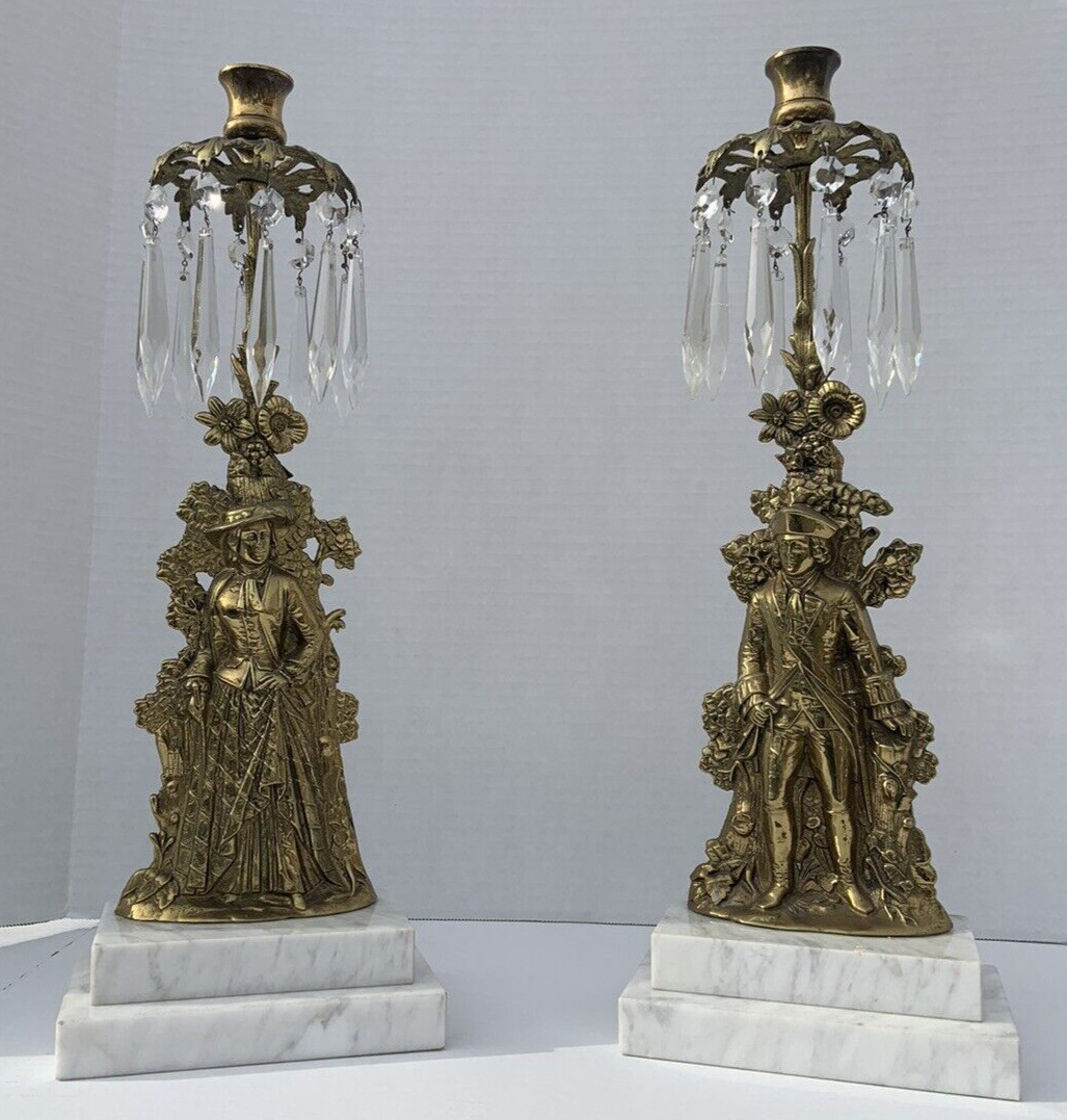 Antique Victorian Girandole Candlesticks Marble, Brass, Crystal Prisms Single 2*