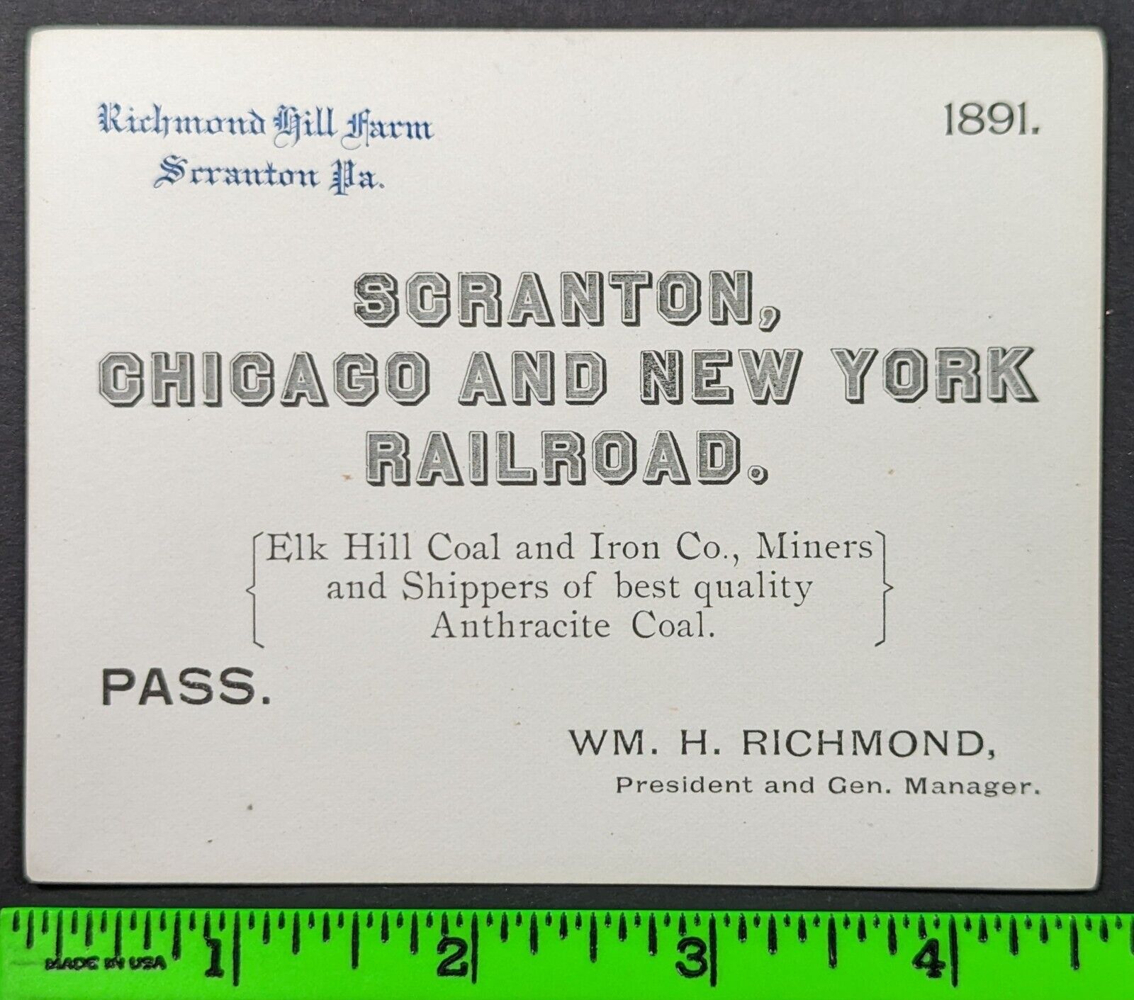 Antique 1891 Elk Hill Coal & Iron Scranton to Chicago Railroad Pass