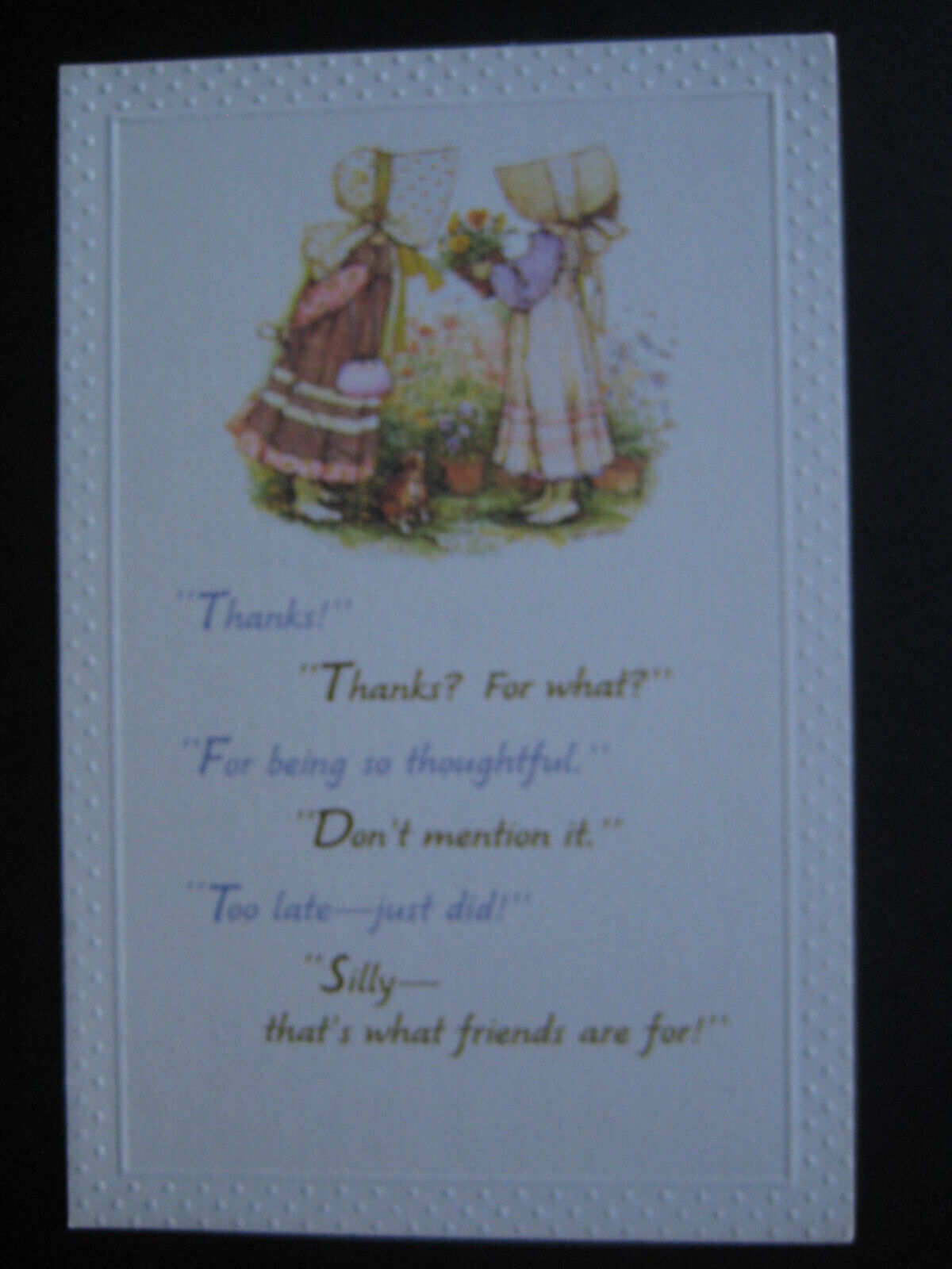UNUSED 1979 vintage greeting card HOLLY HOBBIE FRIENDSHIP Girl w/ Flowers4Friend