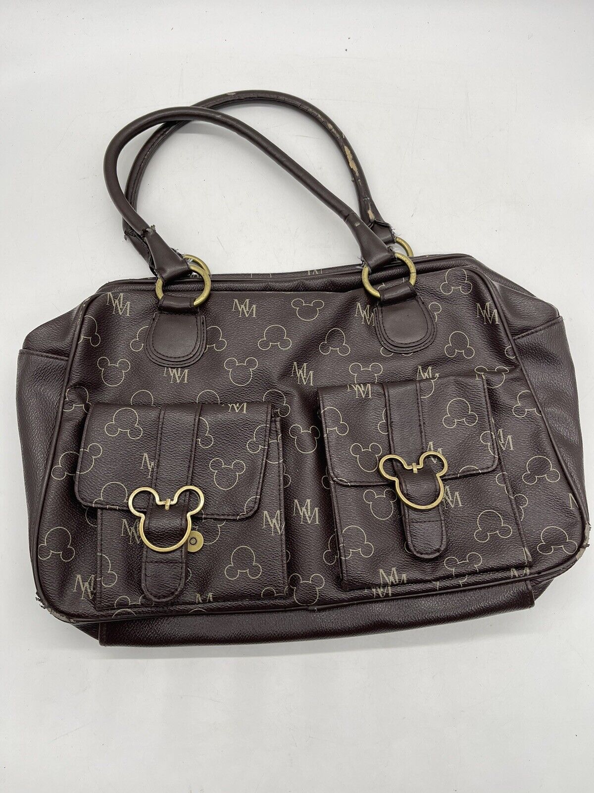 Vintage Brown Mickey Mouse Pattern Pocket Book Purse Bag Disney Store RARE