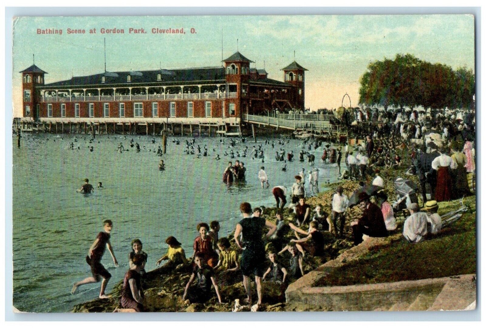 1913 Bathing Scene Swimming Beach Building Gordon Park Cleveland Ohio Postcard