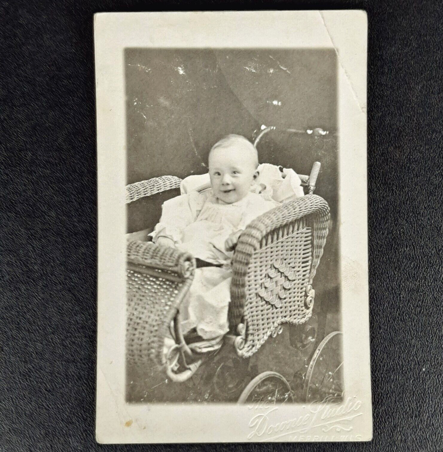 ANTIQUE PRE-WW1 POSTCARD BABY IN BUGGY DOWNIE STUDIO MERRILL WI RPPC - UNPOSTED
