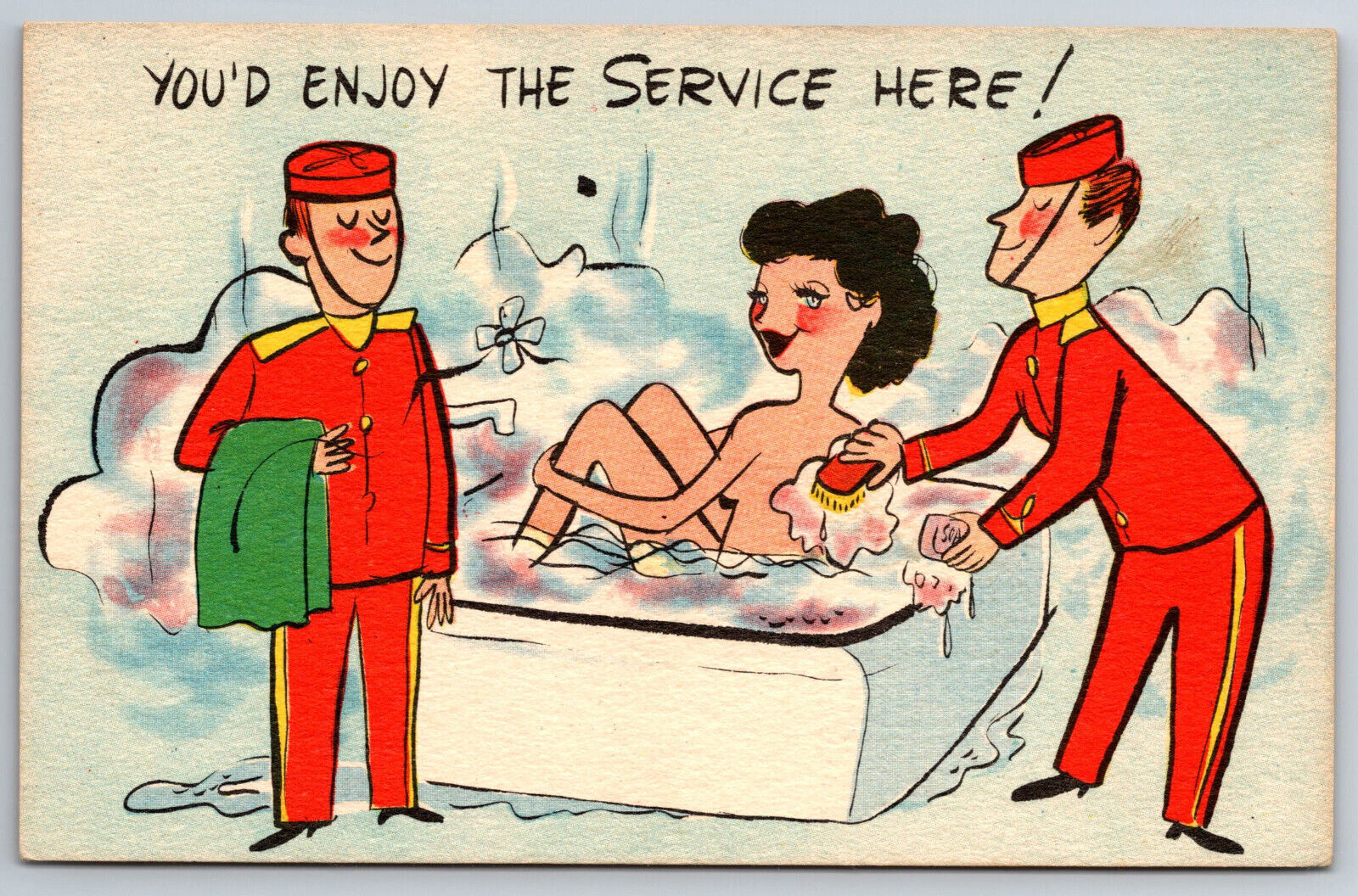 Vintage Postcard Humor Sexy Risque Naked Woman in Tub Men Washing Her Linen