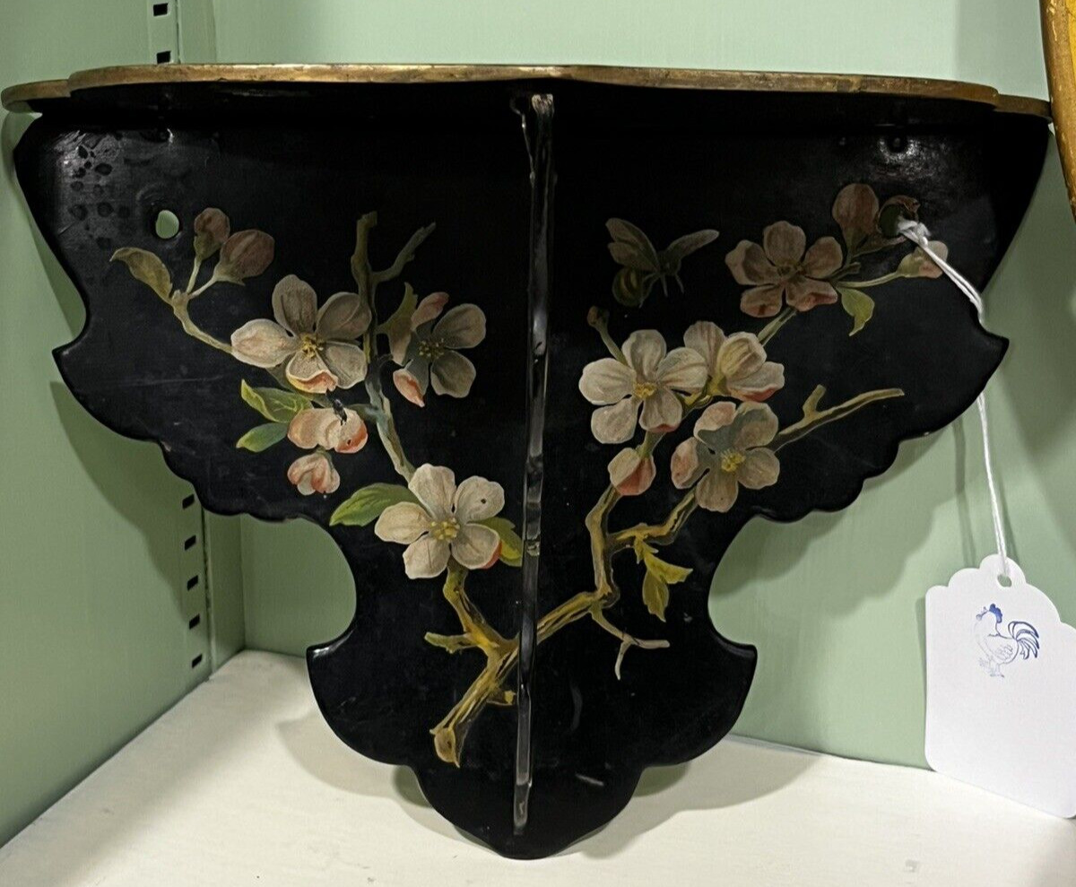 Antique Black Lacquer Papier Mache Dogwood Floral Wall Shelf Hand painted