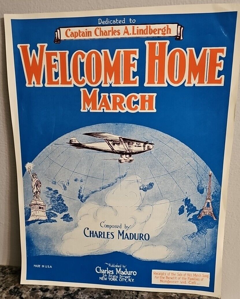 ORIGINAL 1927 Charles Lindbergh Sheet Music Poster - Welcome Home March 9x11\