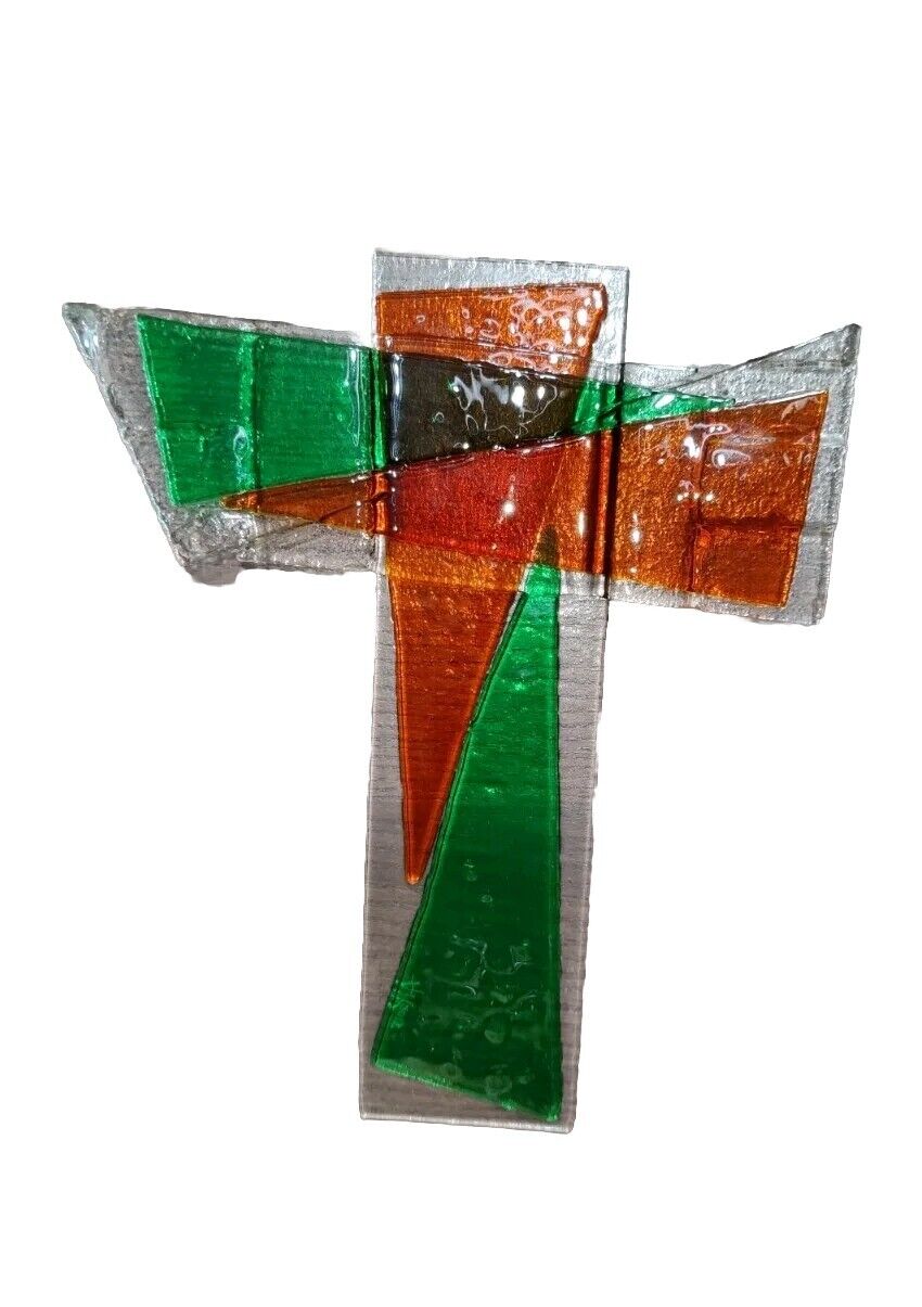 Fused Art Glass Cross Textured Clear Green Orange Dimensional Wall Signed Dated