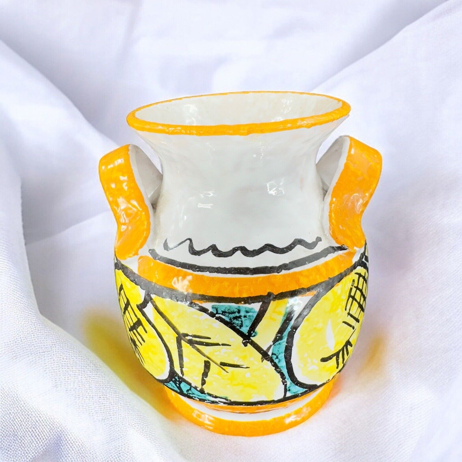 Italian Pottery Vase With Handles Hand Painted Yellow Leafs Lemons Marked Italy